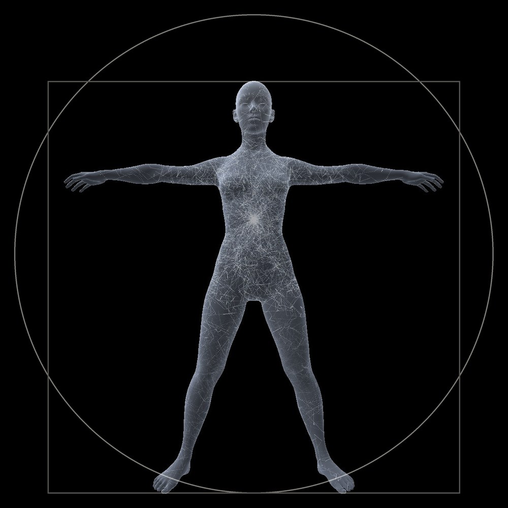 A translucent human figure, arms outstretched, lit from within, inside a circle and a square